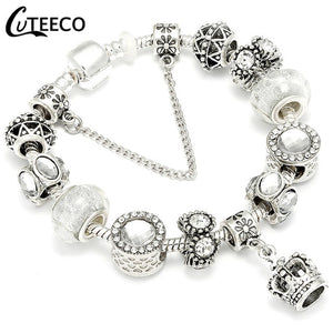 Silver Charms Bracelet Bangle For Women with Crystal Flower Fairy Beads