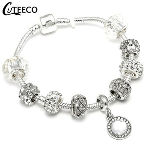 Silver Charms Bracelet Bangle For Women with Crystal Flower Fairy Beads