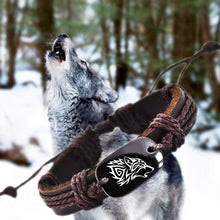 Load image into Gallery viewer, Men&#39;s rugged outdoor Roar Wild Wolf  Woven Rope Leather  Bracelet with a Yak Bone plaque carved with a wild wolf howling head.