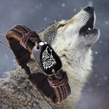 Load image into Gallery viewer, Men&#39;s rugged outdoor Roar Wild Wolf  Woven Rope Leather  Bracelet with a Yak Bone plaque carved with a wild wolf howling head.