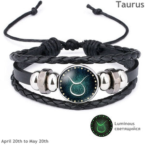 Star Sign Luminous Bracelet Men Leather Bracelet Wrist Band  Charm Bracelets for Men Boys Women  Accessories Gifts