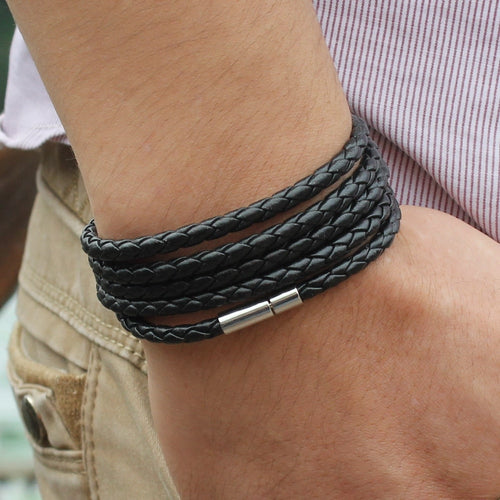 Popular 5 Laps Vintage Black Leather Bracelet For Men Wrist Band