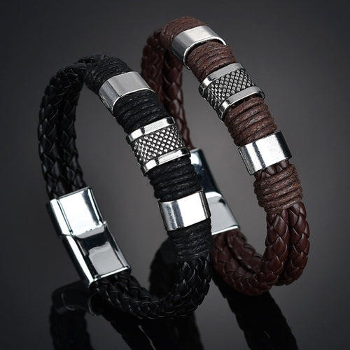 Leather Double Weave Punk Style Man's Bracelet with polished metal fittings and magnetic clasp