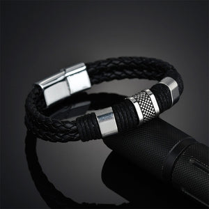 Leather Double Weave Punk Style Man's Bracelet with polished metal fittings and magnetic clasp
